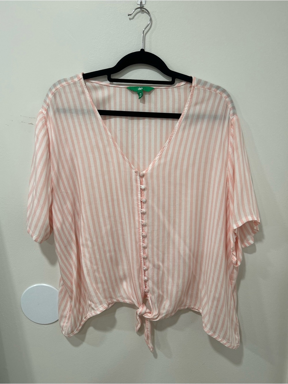 dip Pink and White Striped Button-Tie V-Neck Blouse